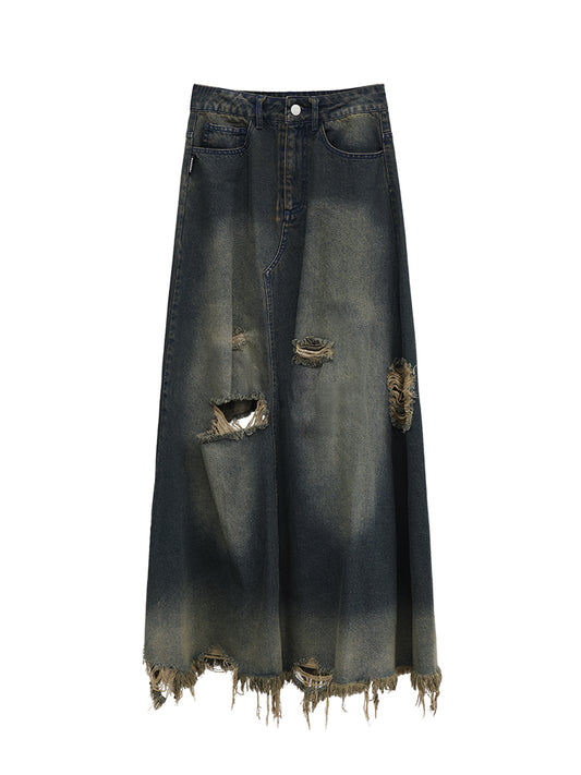FUZZYKON A-type ripped denim skirt