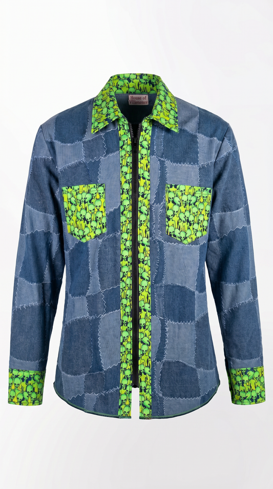 Long Sleeve Denim Blue & Green Alien UBU Shirt