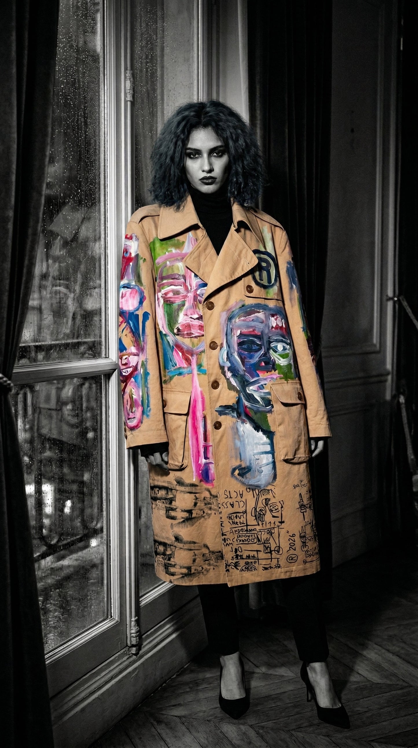 Hand-Painted 1-of-1 Beige Cotton Trench Coat