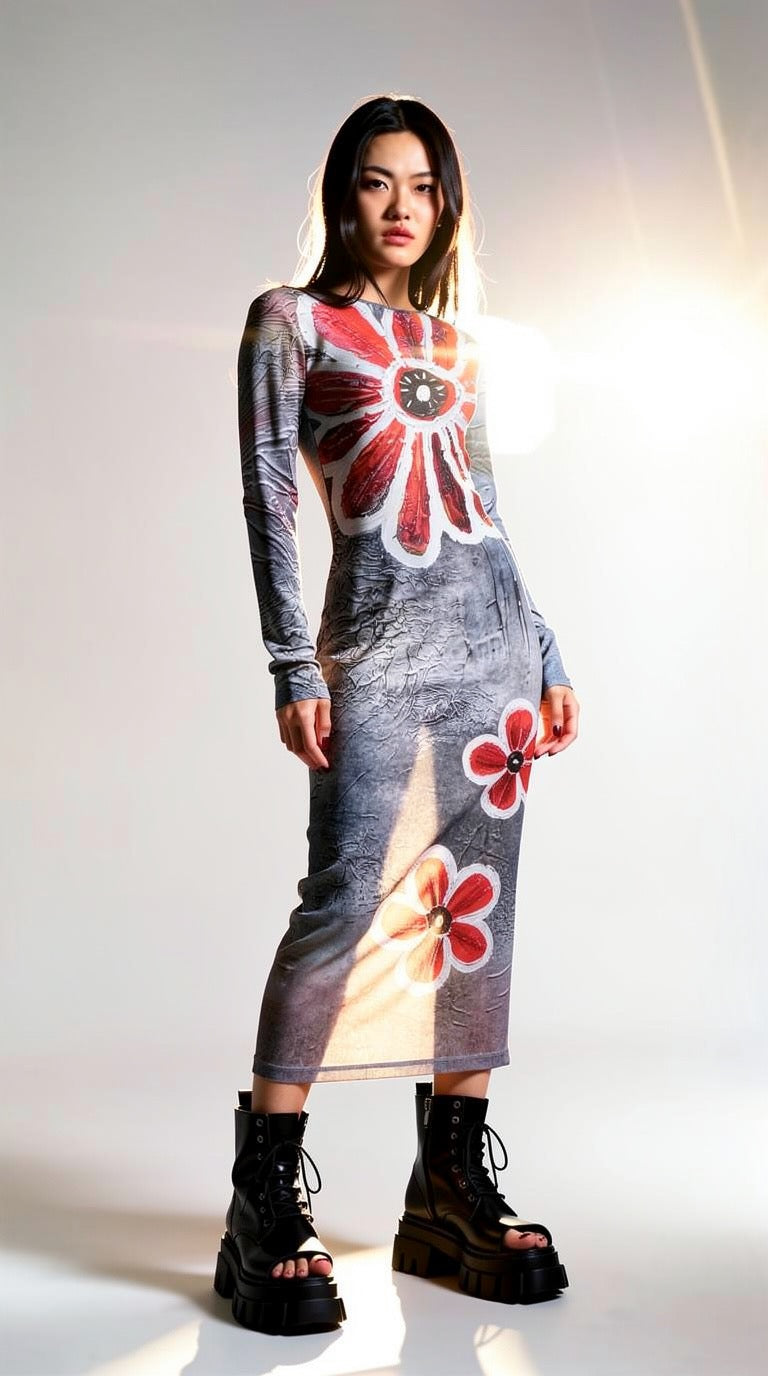 IDFK Transparency Mesh Long Dress - Flower Power