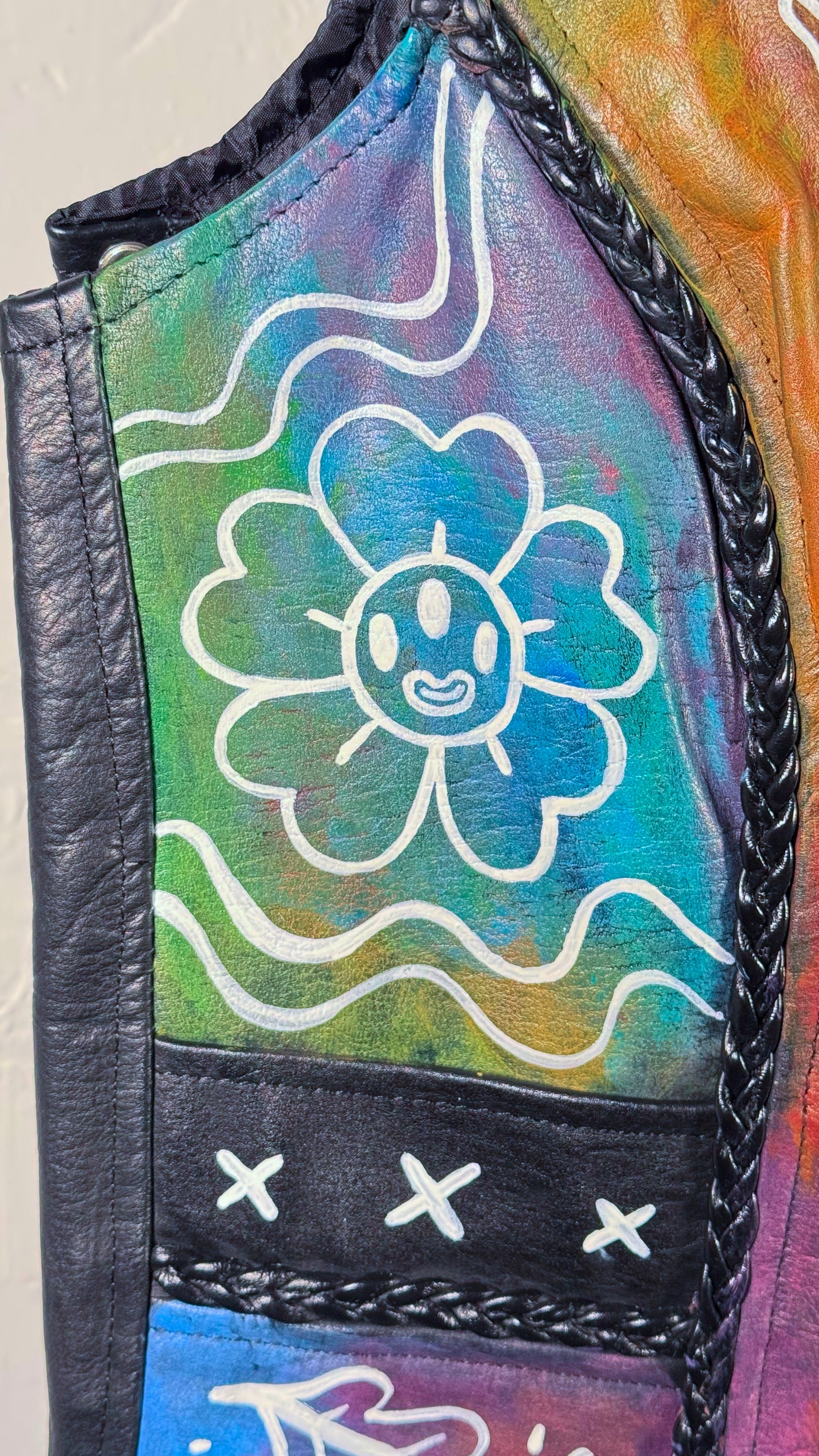 Hand Painted 'Psychedelic Garden' Leather Biker Vest
