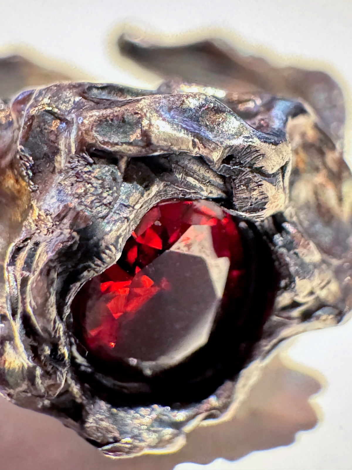 Pure Silver (999) Hand Forged Ring with Oxidized Finish & Red Zircon