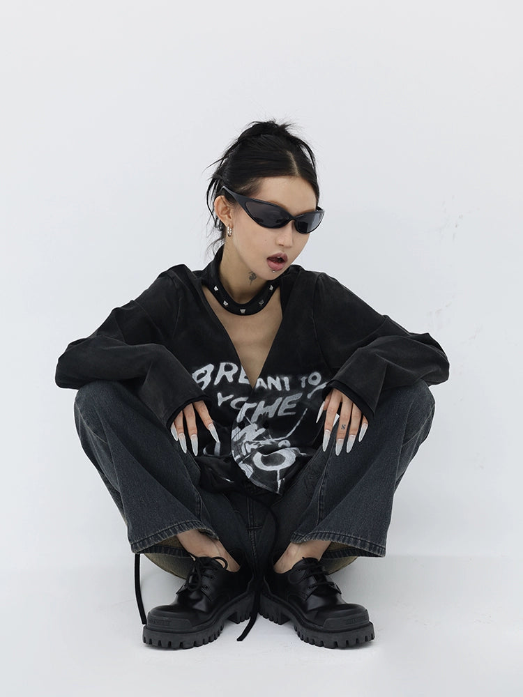 FUZZYKON Riveted Choker Letter Open-Front Long Sleeve T-Shirt
