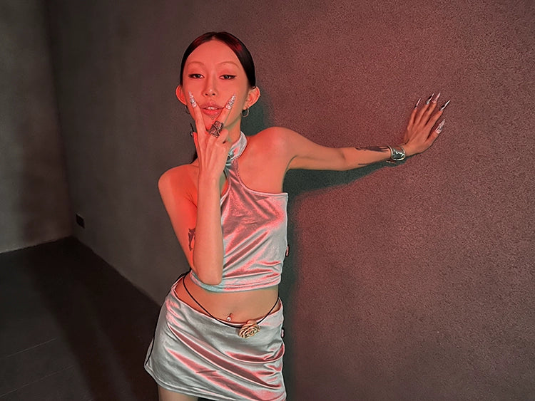 FUZZYKON Silver Halter Neck Set Dress