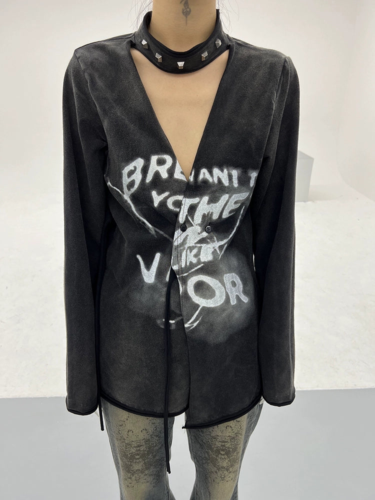FUZZYKON Riveted Choker Letter Open-Front Long Sleeve T-Shirt