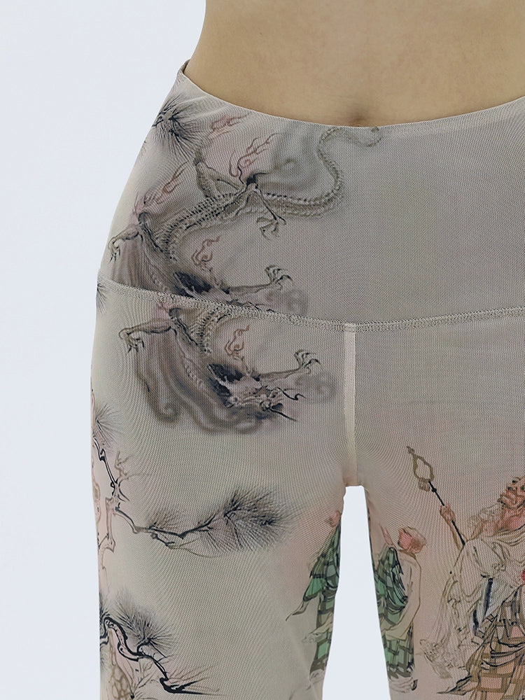 FUZZYKON New Chinese Style Print Elastic Mesh Flared Pants