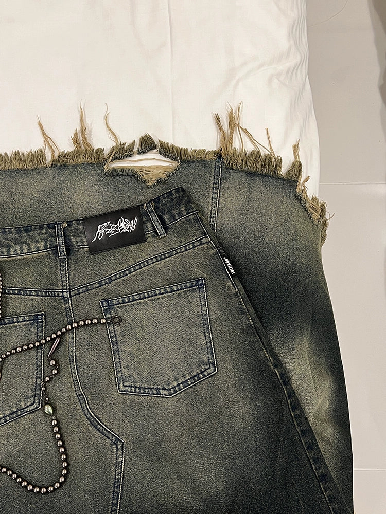 FUZZYKON A-type ripped denim skirt