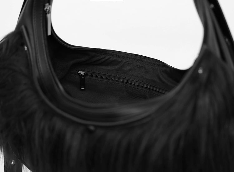 FUZZYKON Plush Black Embossed Embroidery Single Shoulder Bag