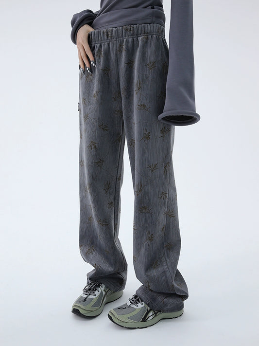 FUZZYKON Grey Velvet Drawstring Pants with Tree Pattern