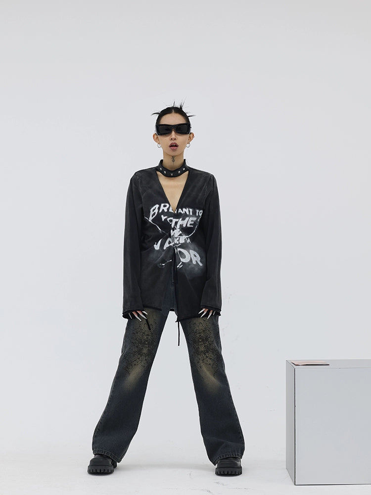 FUZZYKON Riveted Choker Letter Open-Front Long Sleeve T-Shirt