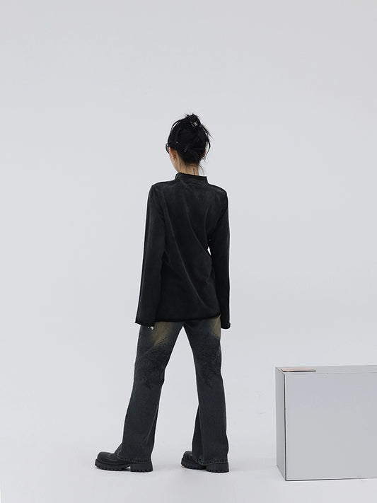 FUZZYKON Riveted Choker Letter Open-Front Long Sleeve T-Shirt