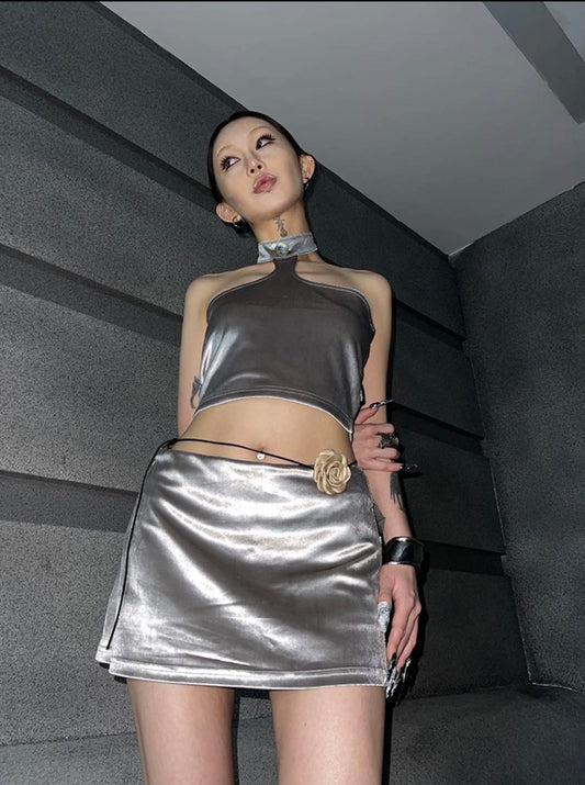 FUZZYKON Silver Halter Neck Set Dress