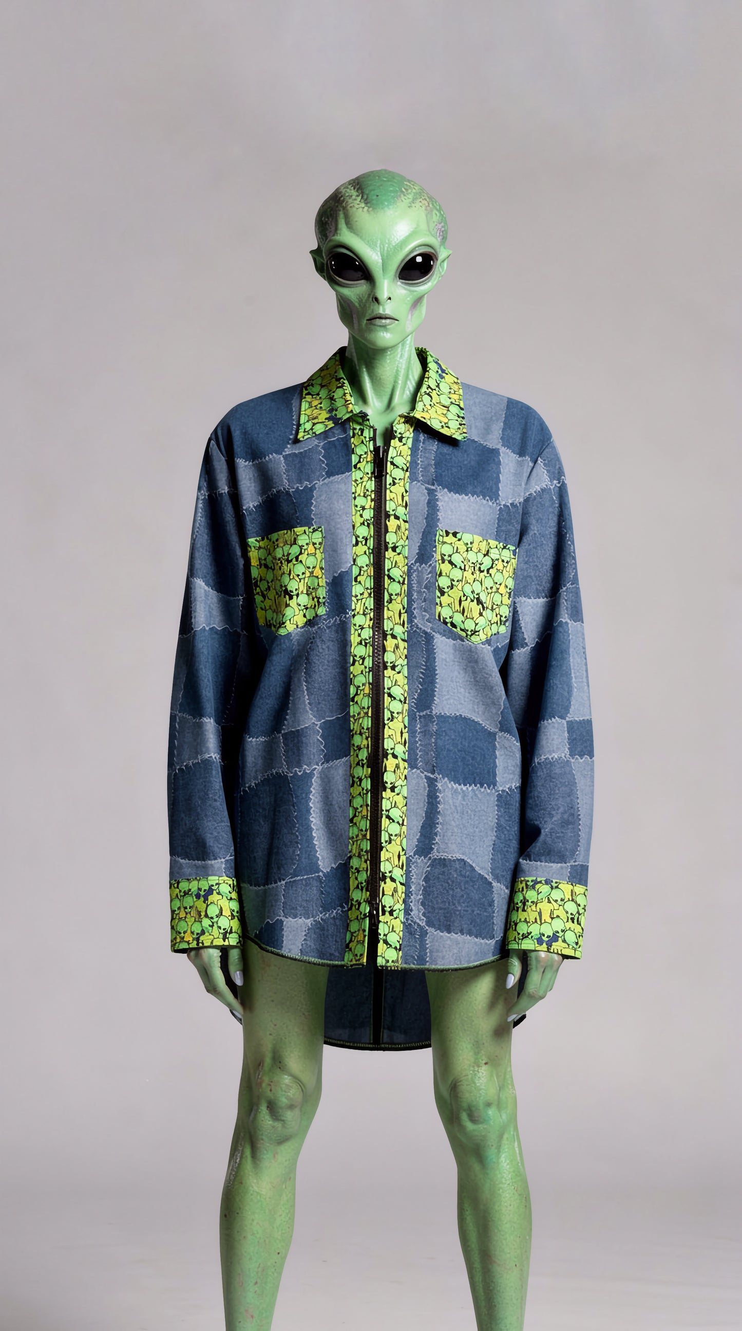 Long Sleeve Denim Blue & Green Alien UBU Shirt