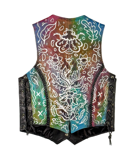 Hand Painted 'Psychedelic Garden' Leather Biker Vest