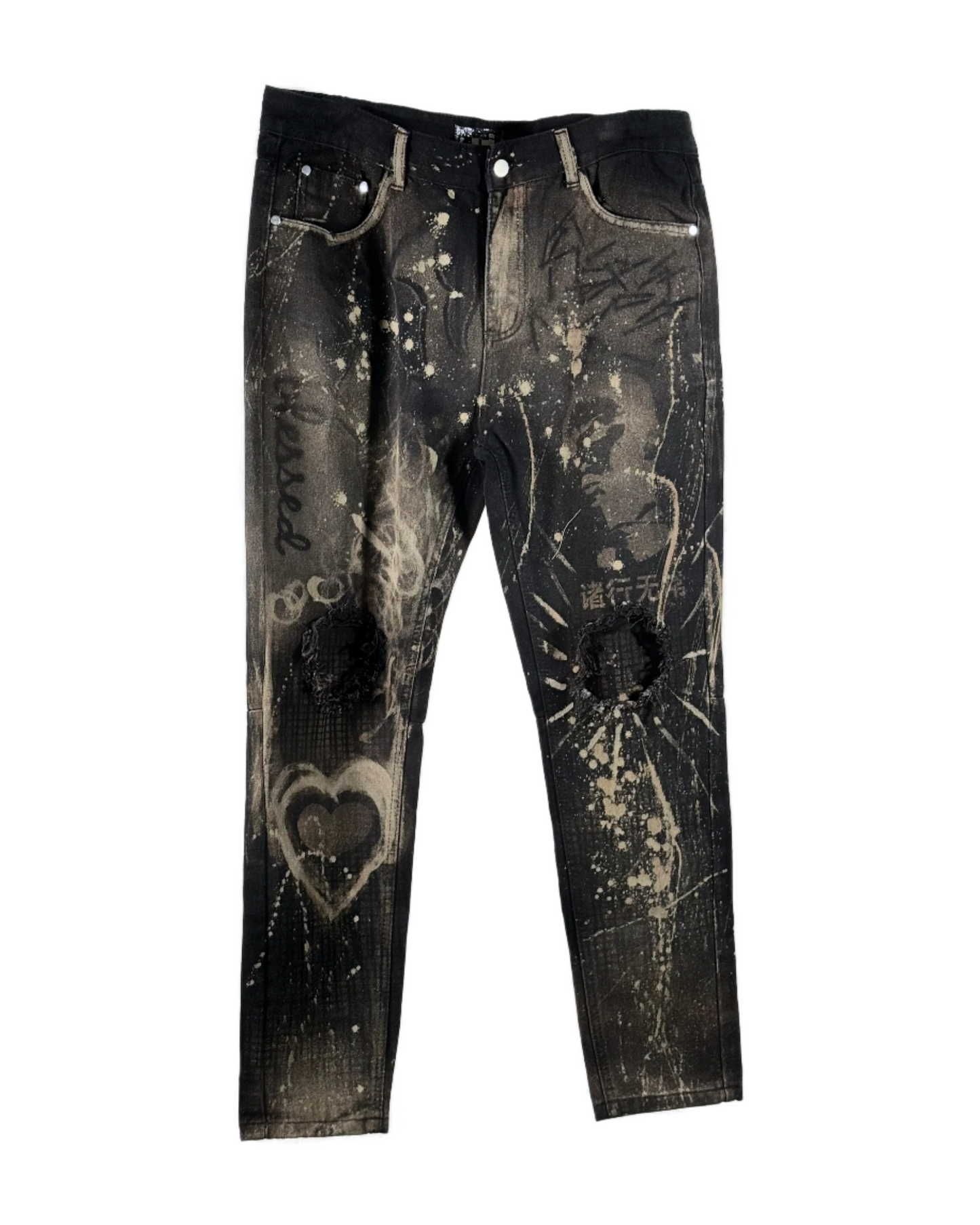 Blessed Bleach-Painted Holey Black Jeans