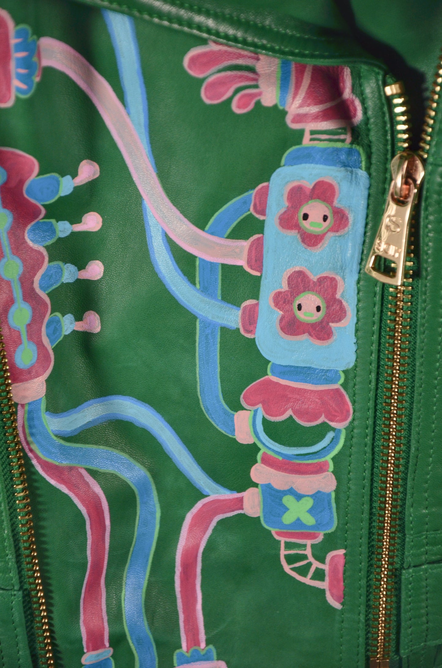 Space Cadet Moving Parts Green Leather Moto Jacket