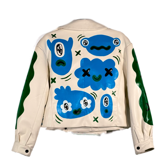Space Cadet Hand Painted 'Strange Faces' Faux Leather Moto Jacket