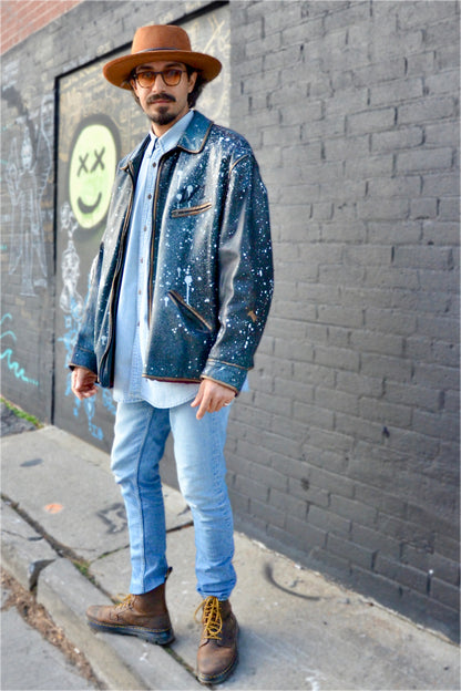 Cosmic Blue Black Skull Leather Jacket