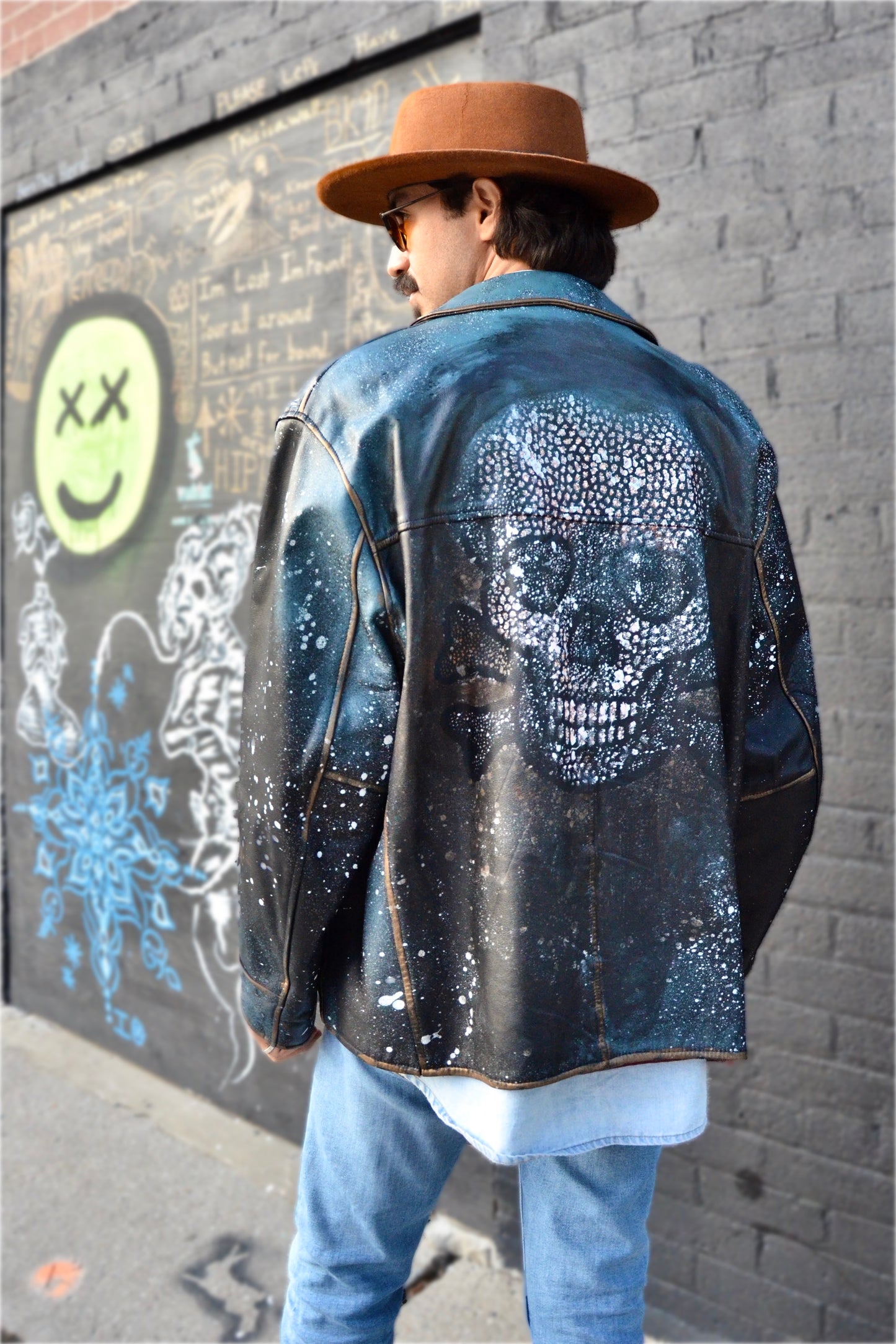 Cosmic Blue Black Skull Leather Jacket