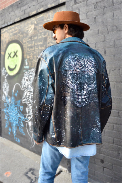 Cosmic Blue Black Skull Leather Jacket