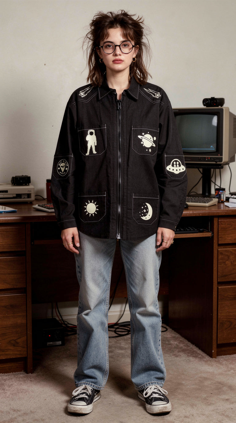 Person wearing a black shirt with patches in a room with a desk and computer monitor.