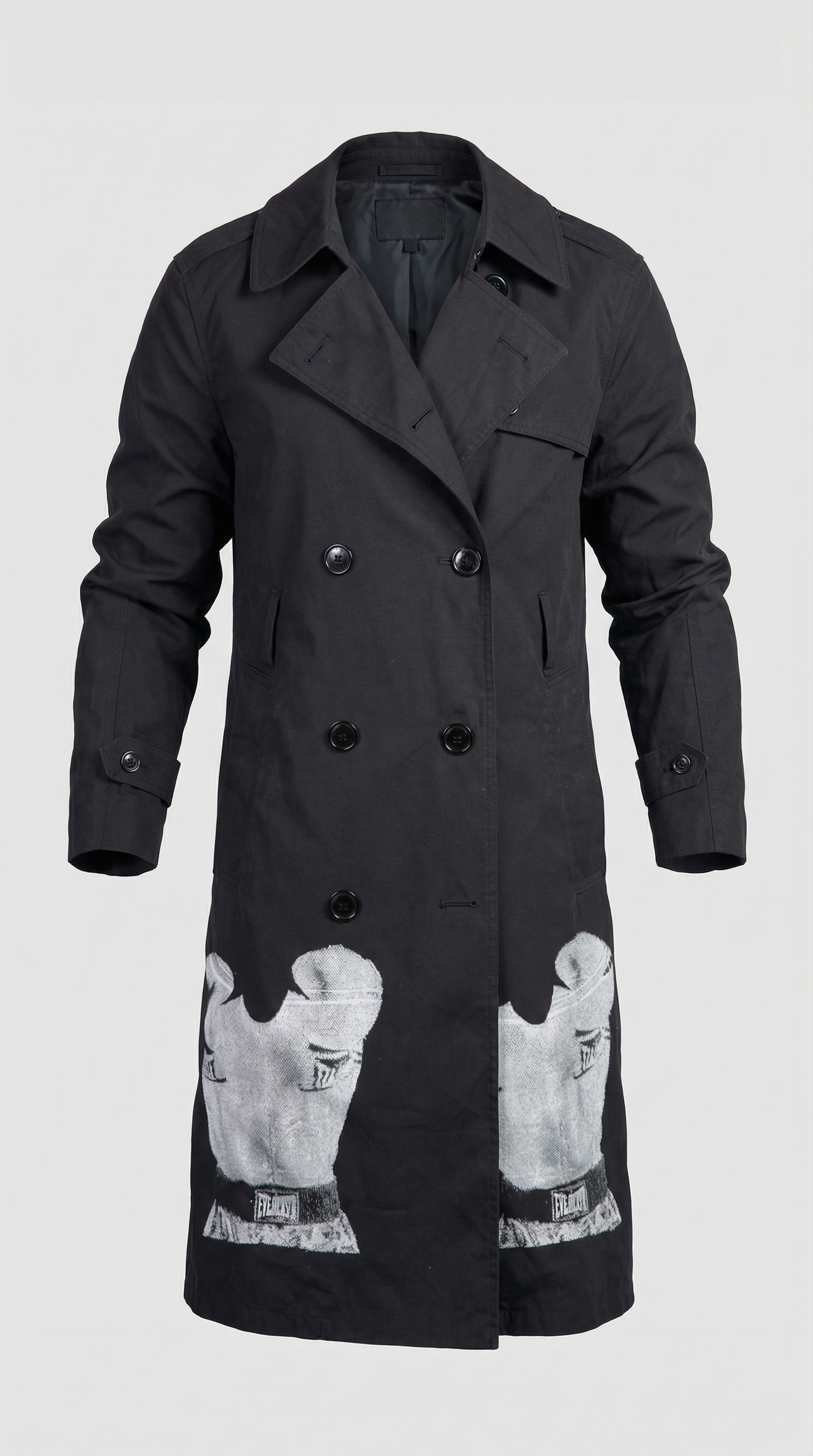 Black Structured Spy Trench Coat with Screen Print