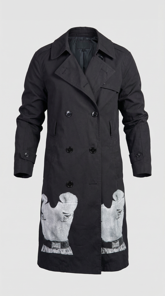 Black Structured Spy Trench Coat with Screen Print