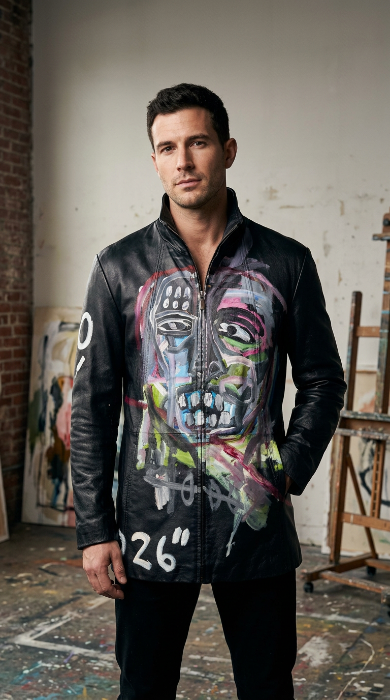 Hand-Painted 1-of-1 Leather Zip-Up Car Coat