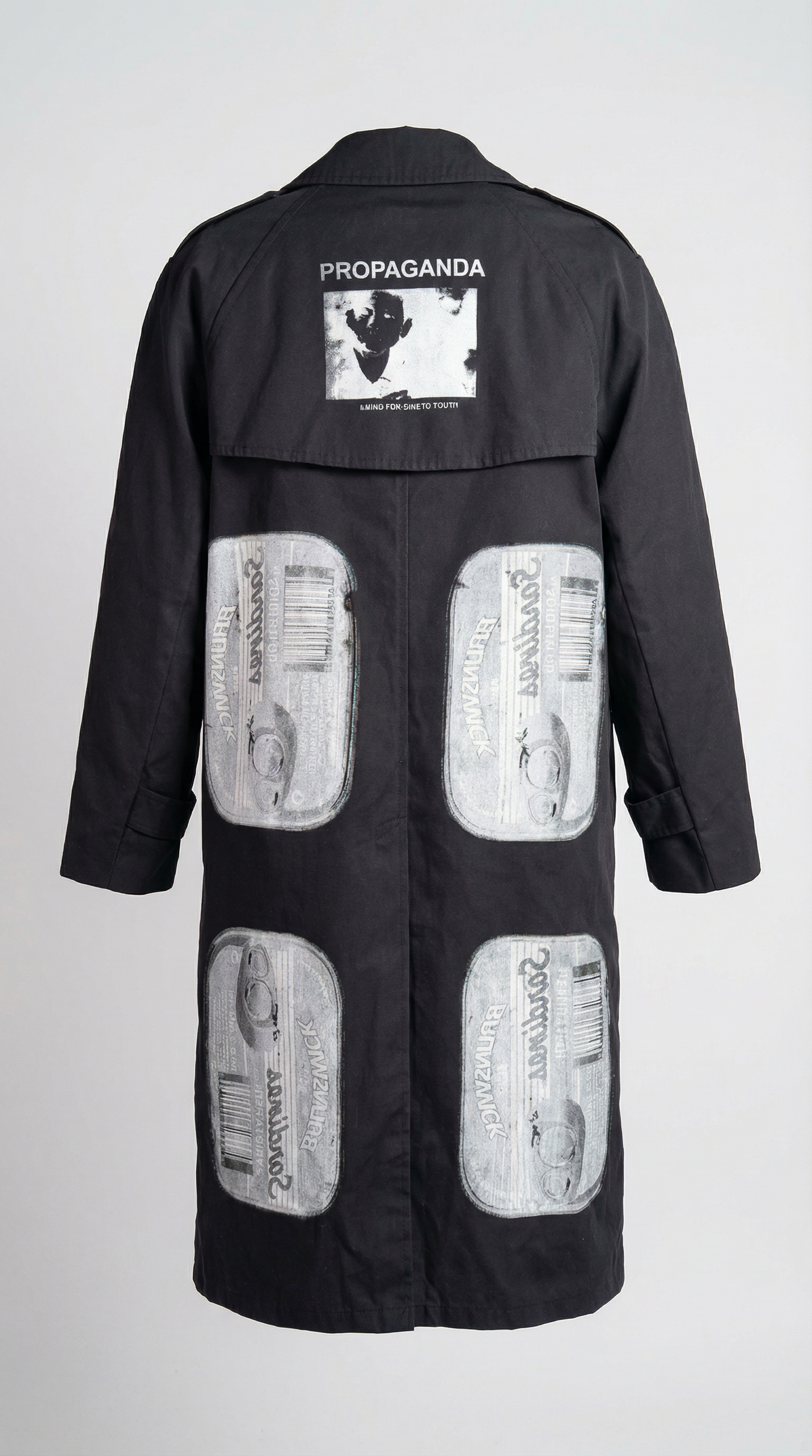 Black Structured Spy Trench Coat with Screen Print