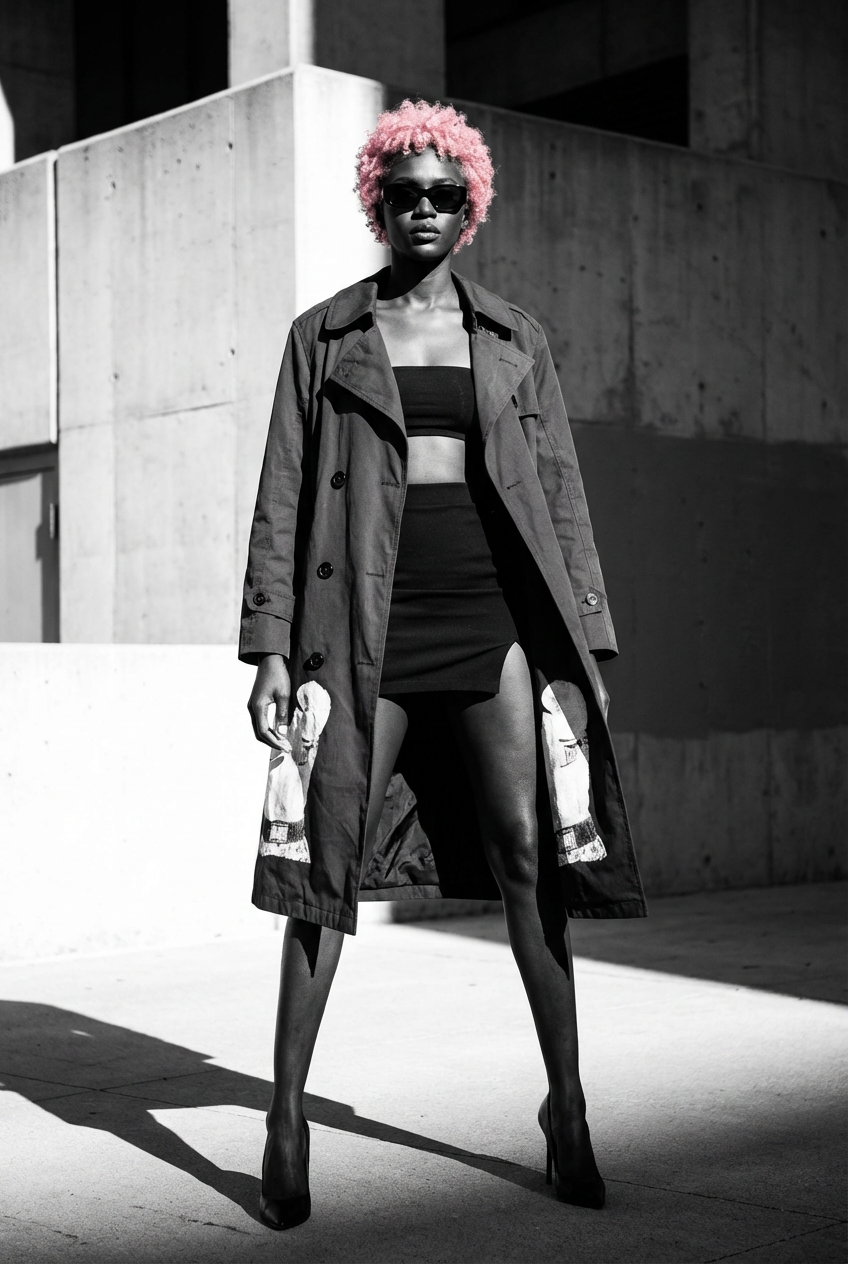 Black Structured Spy Trench Coat with Screen Print