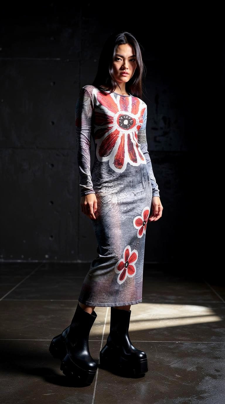 IDFK Transparency Mesh Long Dress - Flower Power