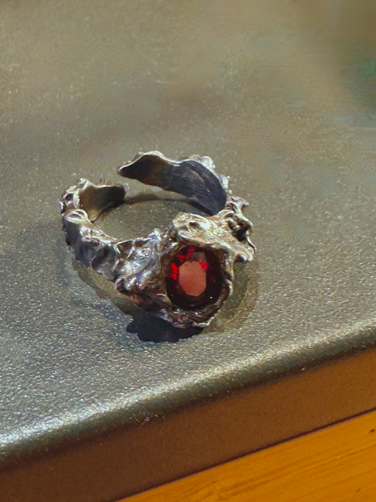 Pure Silver (999) Hand Forged Ring with Oxidized Finish & Red Zircon