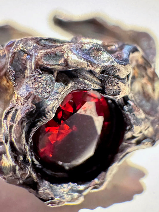 Pure Silver (999) Hand Forged Ring with Oxidized Finish & Red Zircon