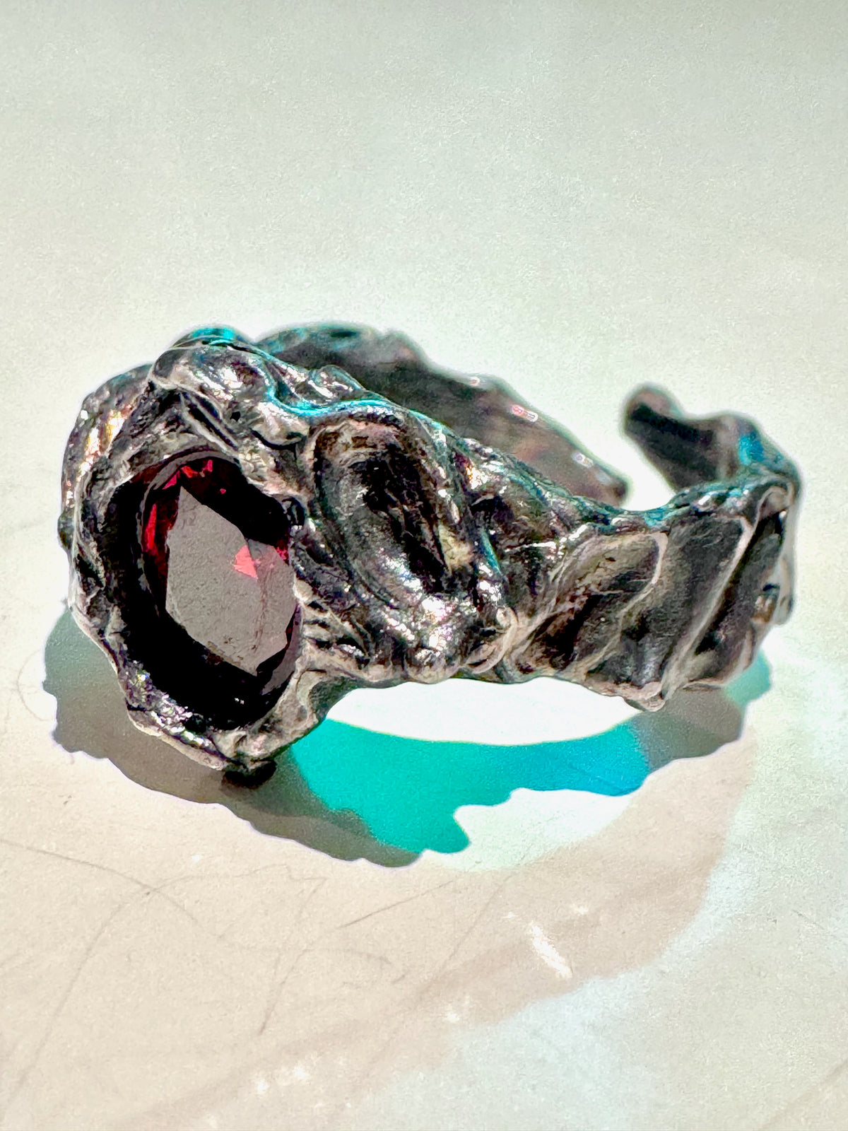 Pure Silver (999) Hand Forged Ring with Oxidized Finish & Red Zircon