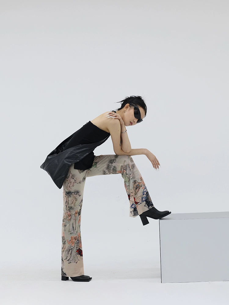 FUZZYKON New Chinese Style Print Elastic Mesh Flared Pants