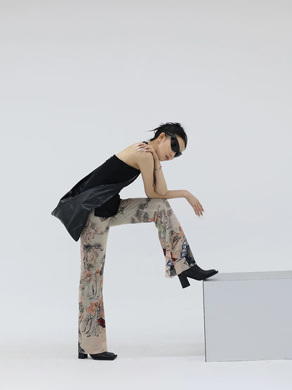 FUZZYKON New Chinese Style Print Elastic Mesh Flared Pants