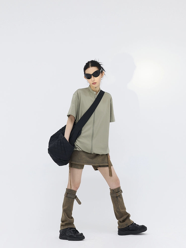FUZZYKON Copper Brown High-Waisted Shorts Skirt with Leg Warmers