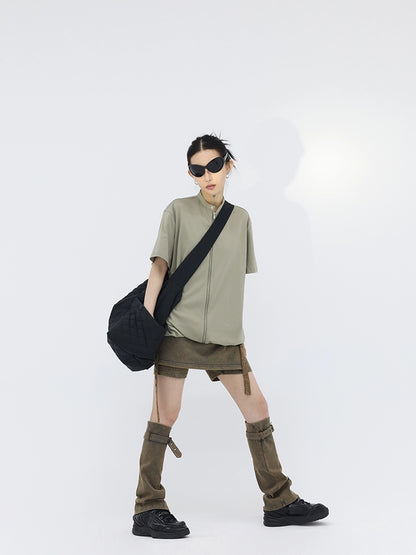 FUZZYKON Copper Brown High-Waisted Shorts Skirt with Leg Warmers
