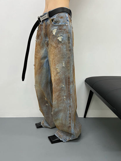 FUZZYKON Vintage Vibes: Hand-Painted Distressed Denim Jeans