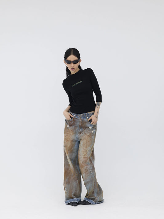 FUZZYKON Vintage Vibes: Hand-Painted Distressed Denim Jeans