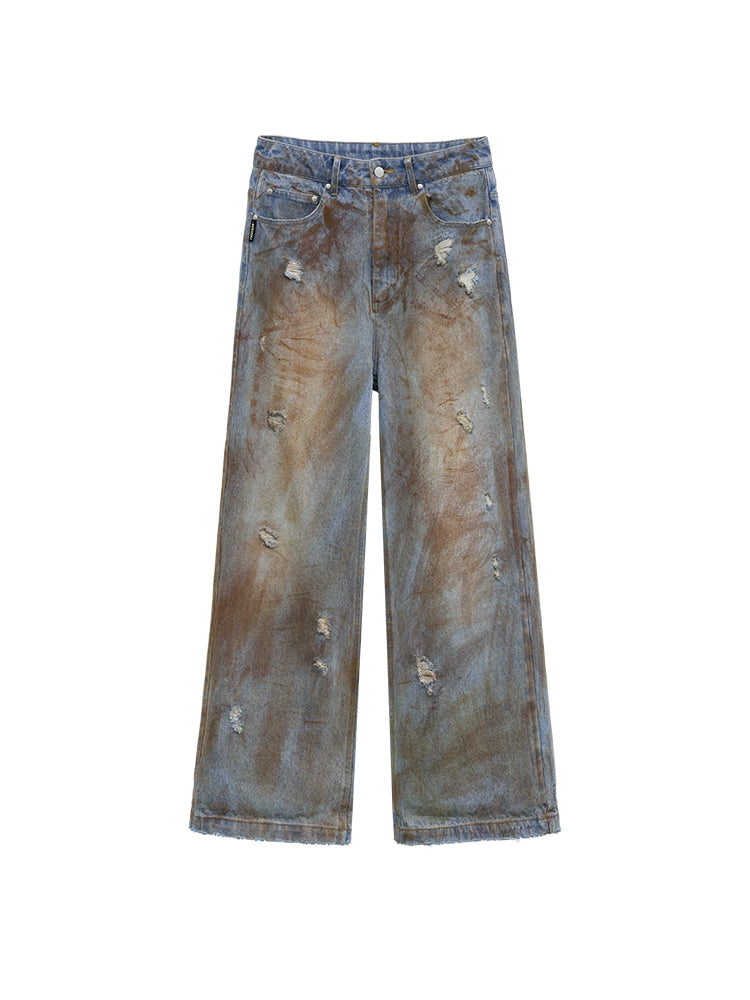 FUZZYKON Vintage Vibes: Hand-Painted Distressed Denim Jeans