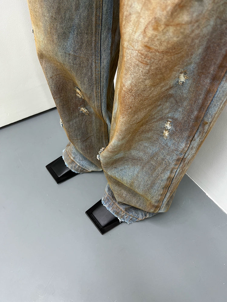FUZZYKON Vintage Vibes: Hand-Painted Distressed Denim Jeans