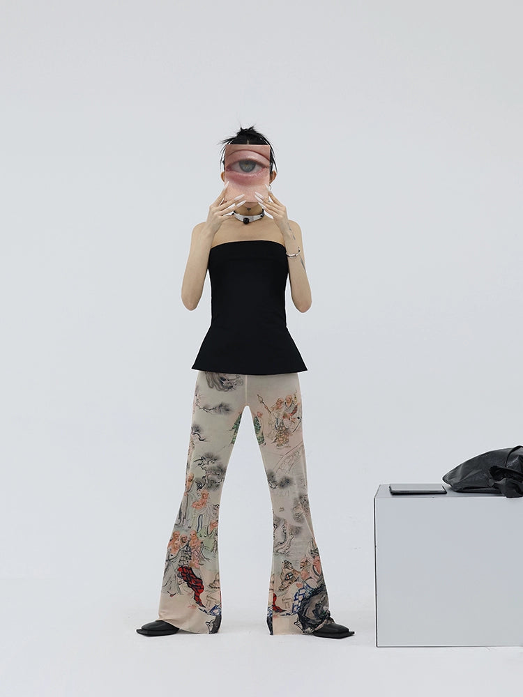FUZZYKON New Chinese Style Print Elastic Mesh Flared Pants
