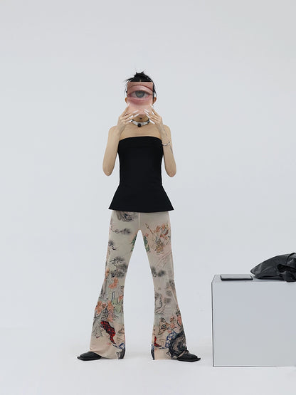 FUZZYKON New Chinese Style Print Elastic Mesh Flared Pants