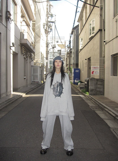 FUZZYKON Gray Hooded Oversized Thorn Tire Print Sweatshirt