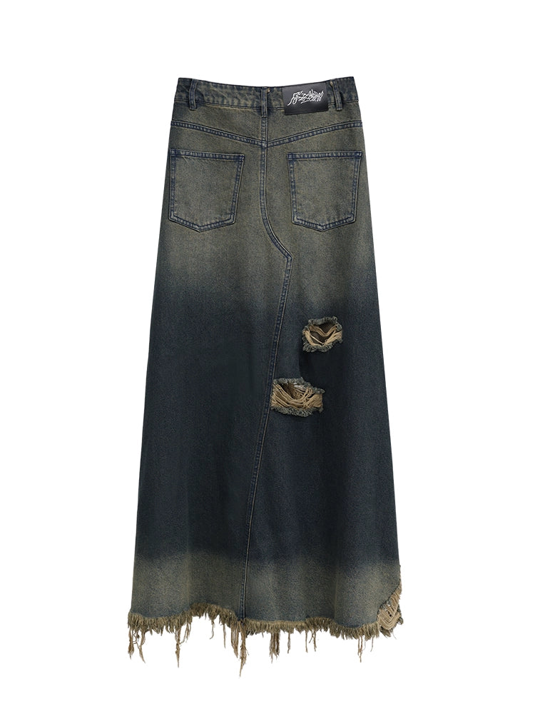 FUZZYKON A-type ripped denim skirt