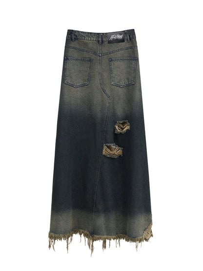 FUZZYKON A-type ripped denim skirt