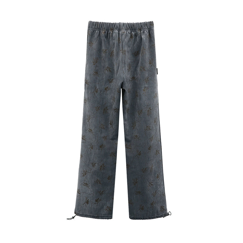 FUZZYKON Grey Velvet Drawstring Pants with Tree Pattern