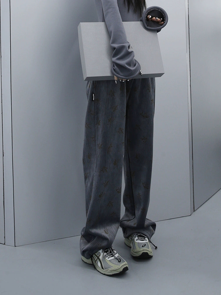 FUZZYKON Grey Velvet Drawstring Pants with Tree Pattern