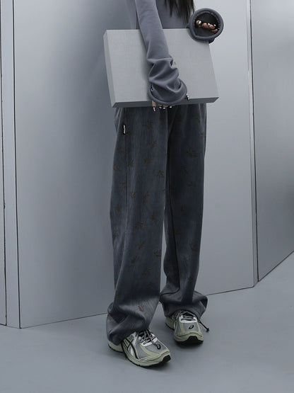 FUZZYKON Grey Velvet Drawstring Pants with Tree Pattern